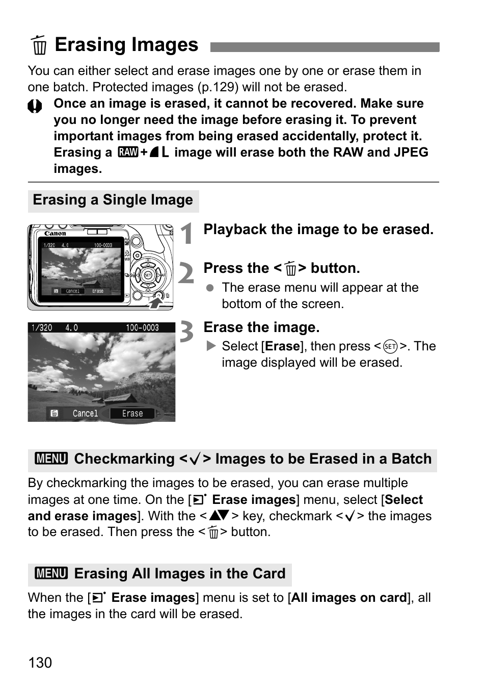 Lerasing images | Canon EOS 450D User Manual | Page 130 / 196
