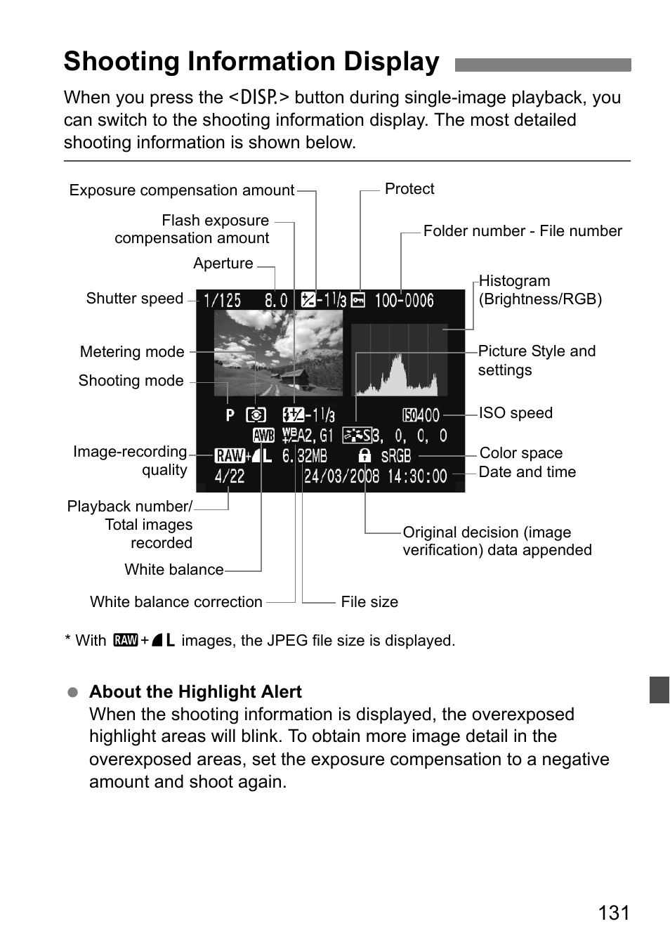 Shooting information display | Canon EOS 450D User Manual | Page 131 / 196