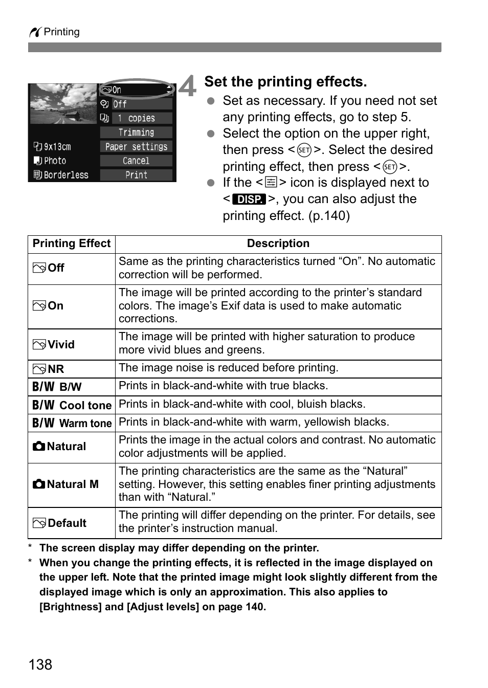Set the printing effects | Canon EOS 450D User Manual | Page 138 / 196
