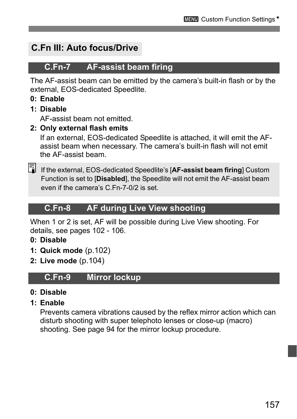 C.fn iii: auto focus/drive | Canon EOS 450D User Manual | Page 157 / 196