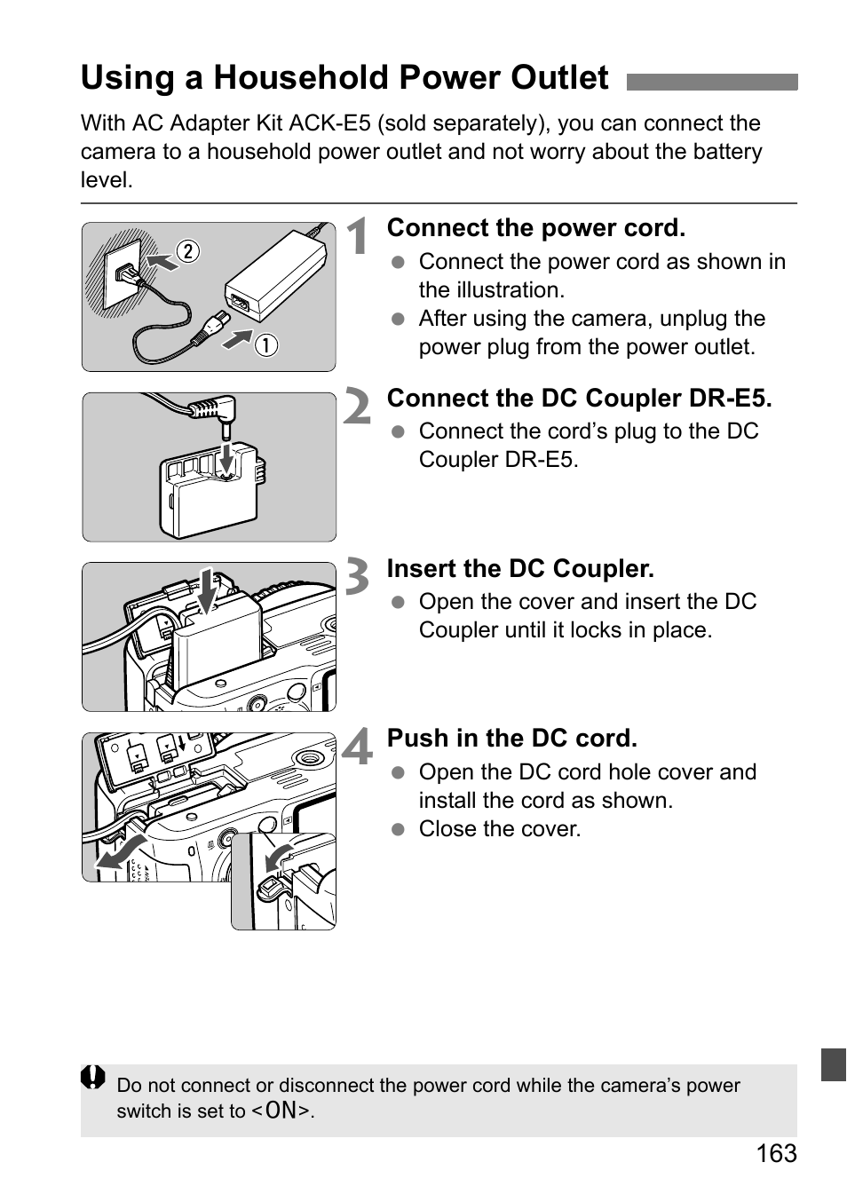 Using a household power outlet | Canon EOS 450D User Manual | Page 163 / 196