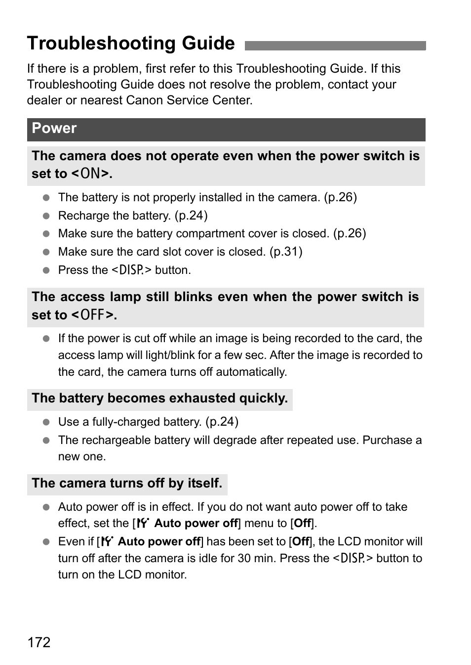 Troubleshooting guide, Power | Canon EOS 450D User Manual | Page 172 / 196