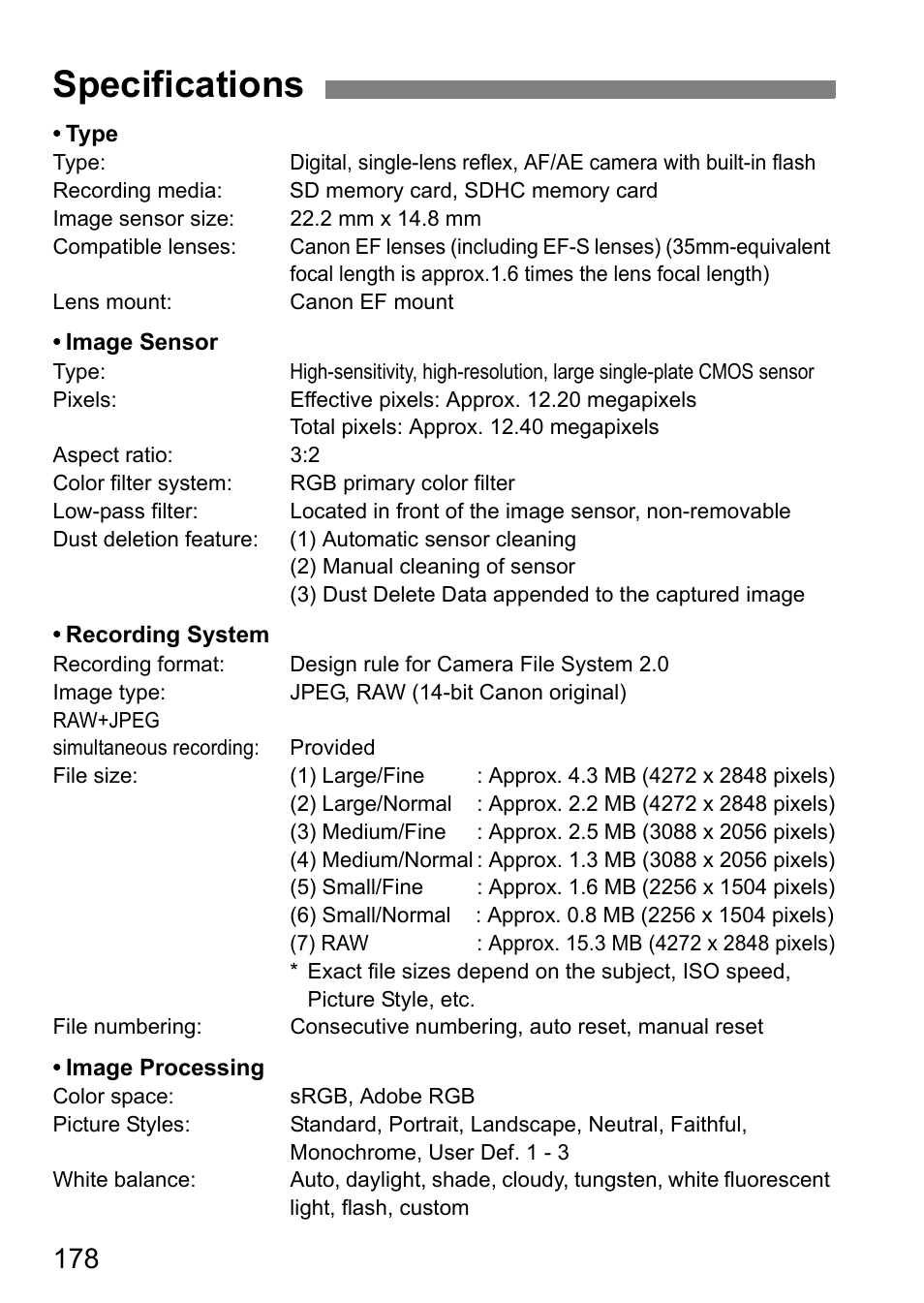 Specifications | Canon EOS 450D User Manual | Page 178 / 196