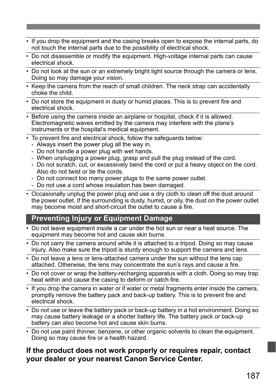 Preventing injury or equipment damage | Canon EOS 450D User Manual | Page 187 / 196