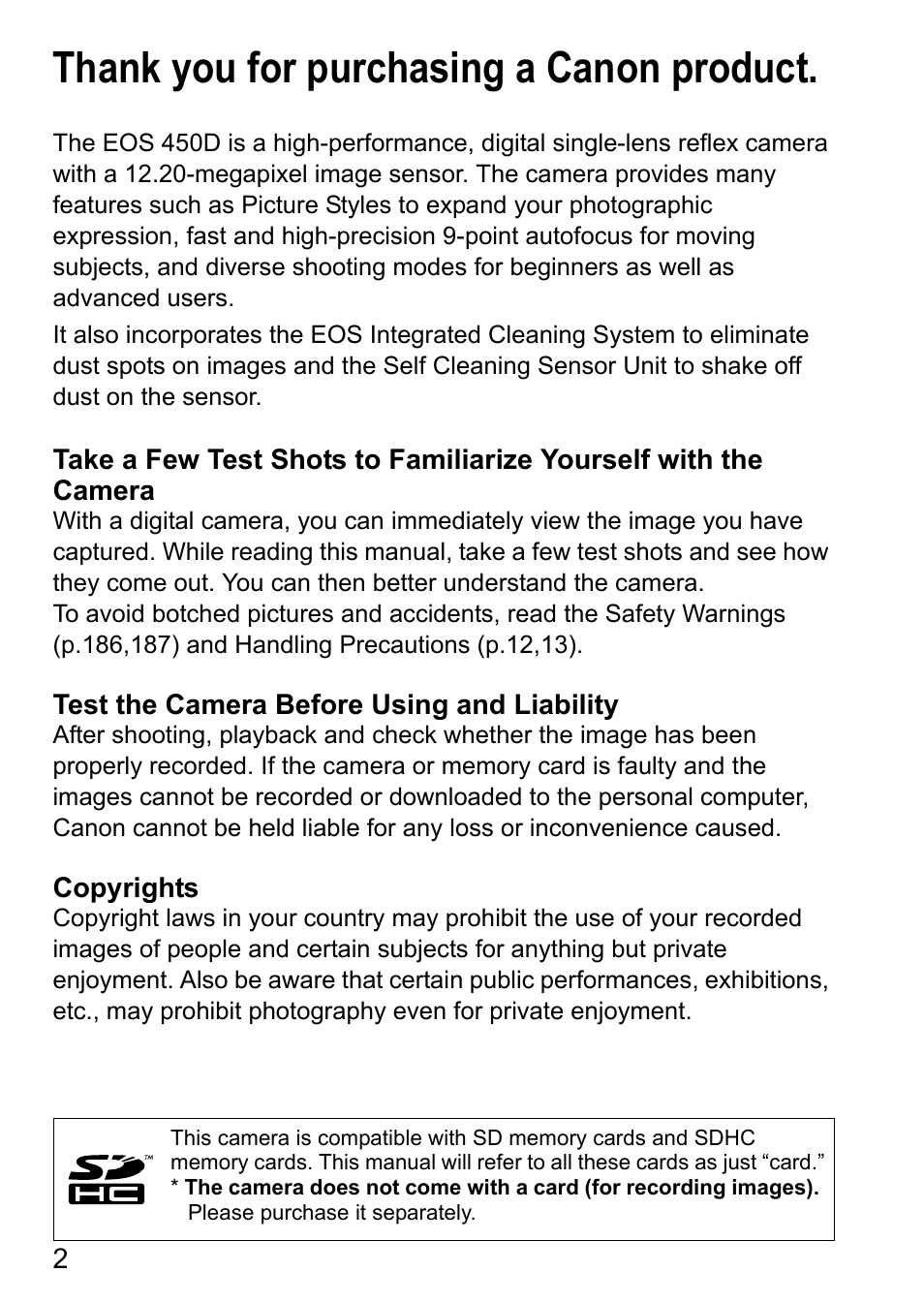 Canon EOS 450D User Manual | Page 2 / 196