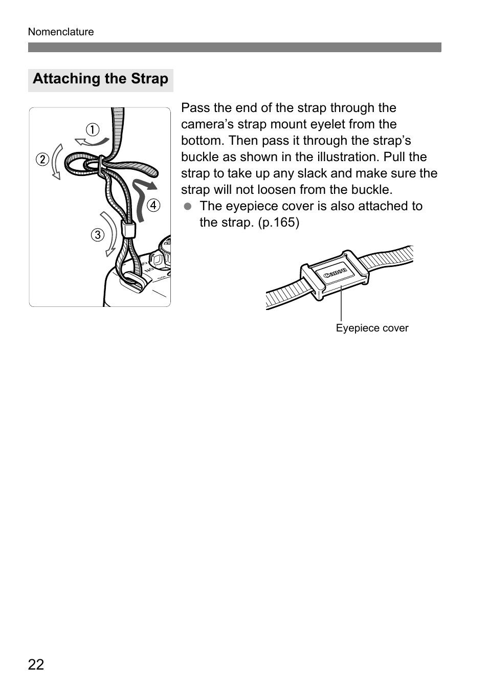 Attaching the strap | Canon EOS 450D User Manual | Page 22 / 196