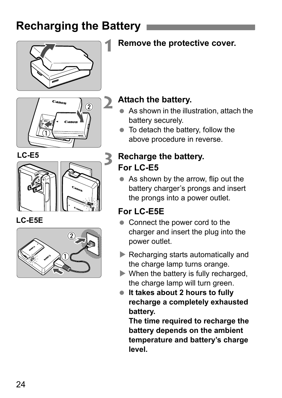 Recharging the battery | Canon EOS 450D User Manual | Page 24 / 196