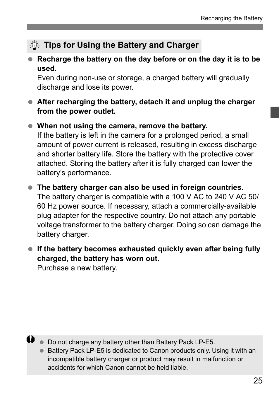 Tips for using the battery and charger | Canon EOS 450D User Manual | Page 25 / 196