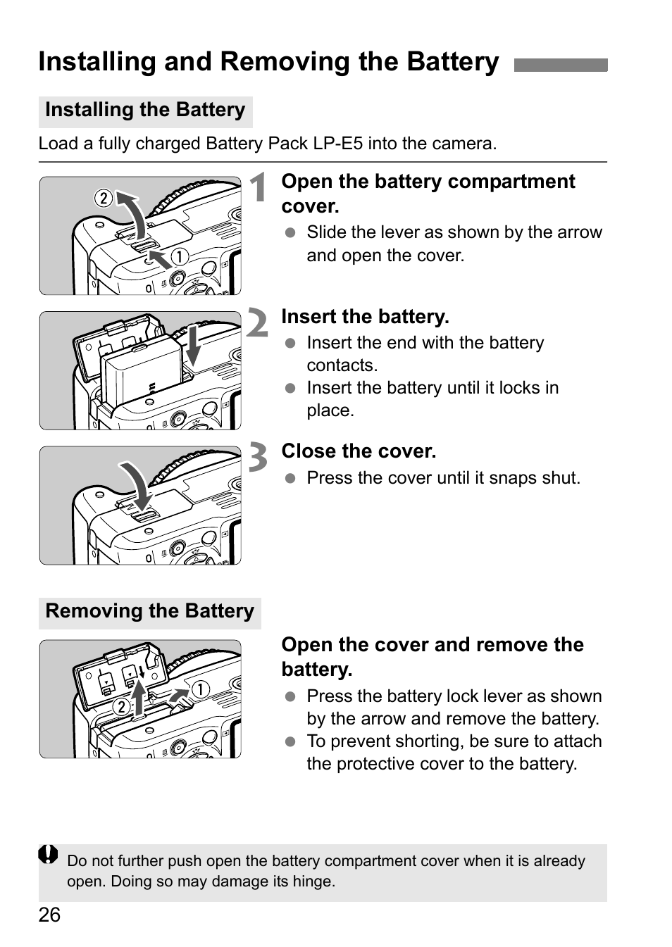 Installing and removing the battery | Canon EOS 450D User Manual | Page 26 / 196
