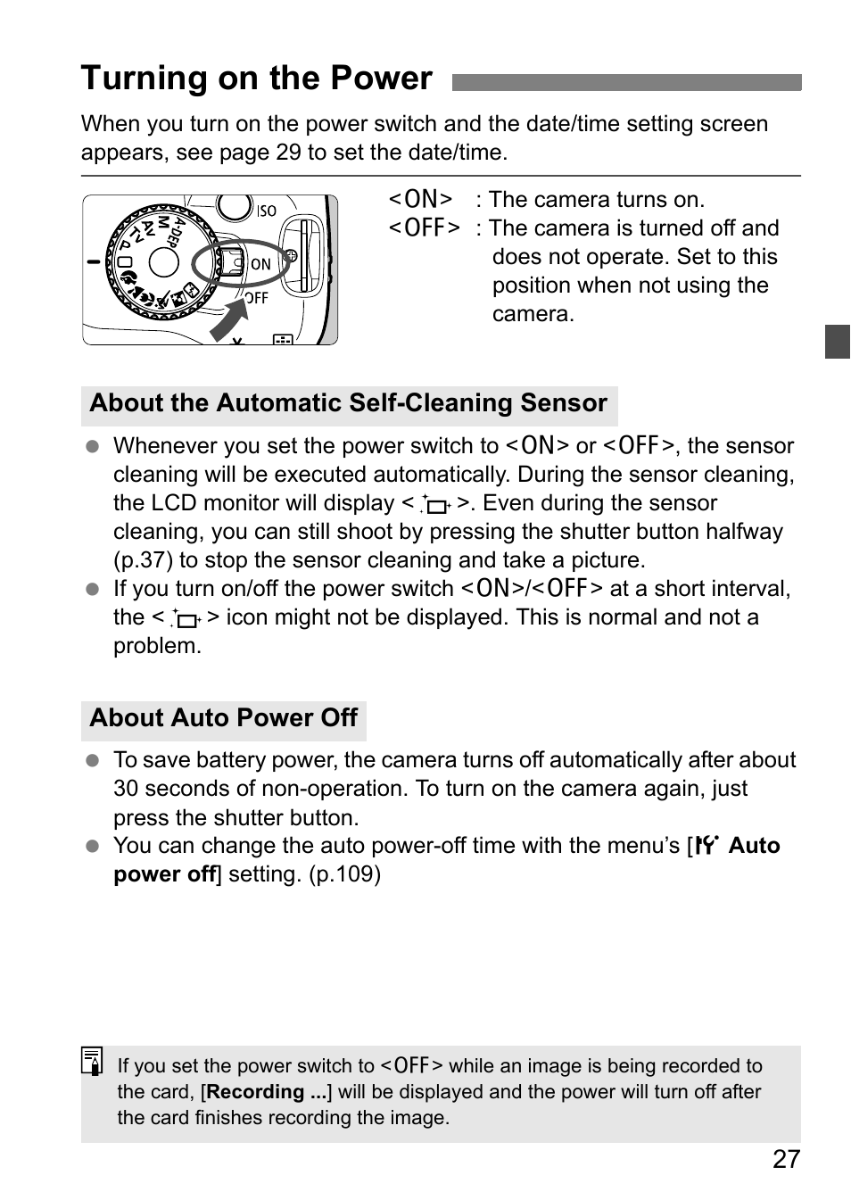 Turning on the power | Canon EOS 450D User Manual | Page 27 / 196