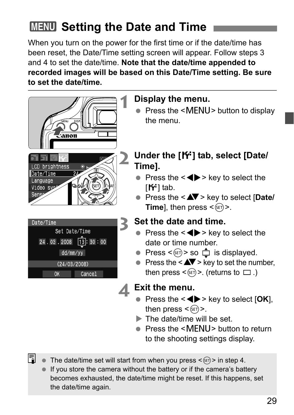 3setting the date and time | Canon EOS 450D User Manual | Page 29 / 196