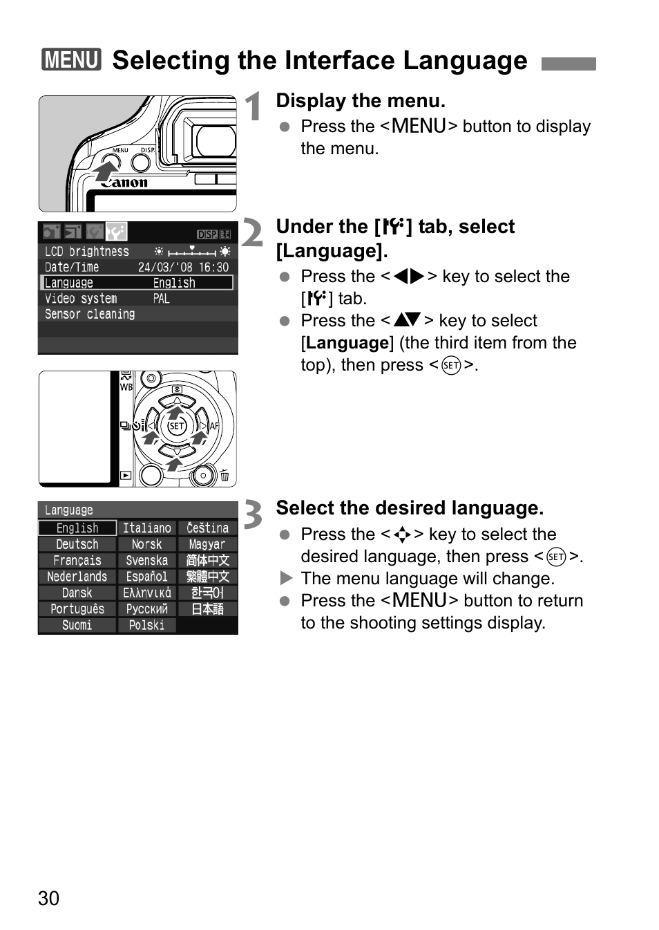 3selecting the interface language | Canon EOS 450D User Manual | Page 30 / 196