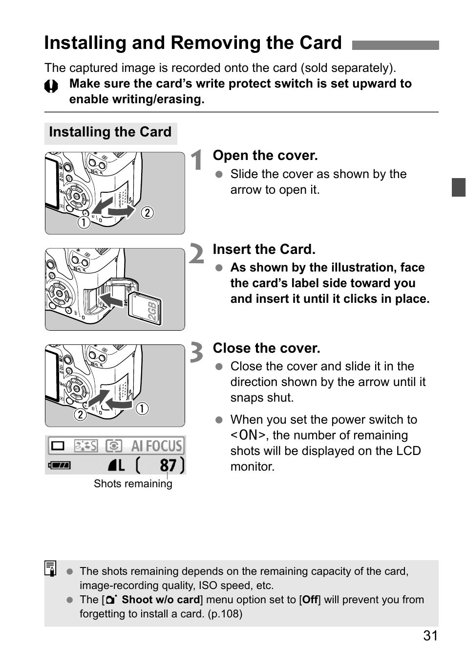 Installing and removing the card | Canon EOS 450D User Manual | Page 31 / 196