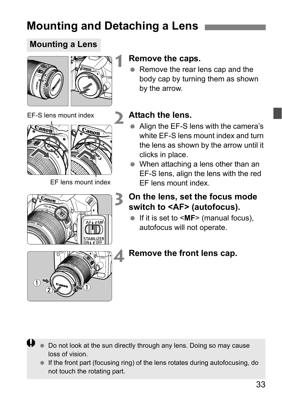 Mounting and detaching a lens | Canon EOS 450D User Manual | Page 33 / 196