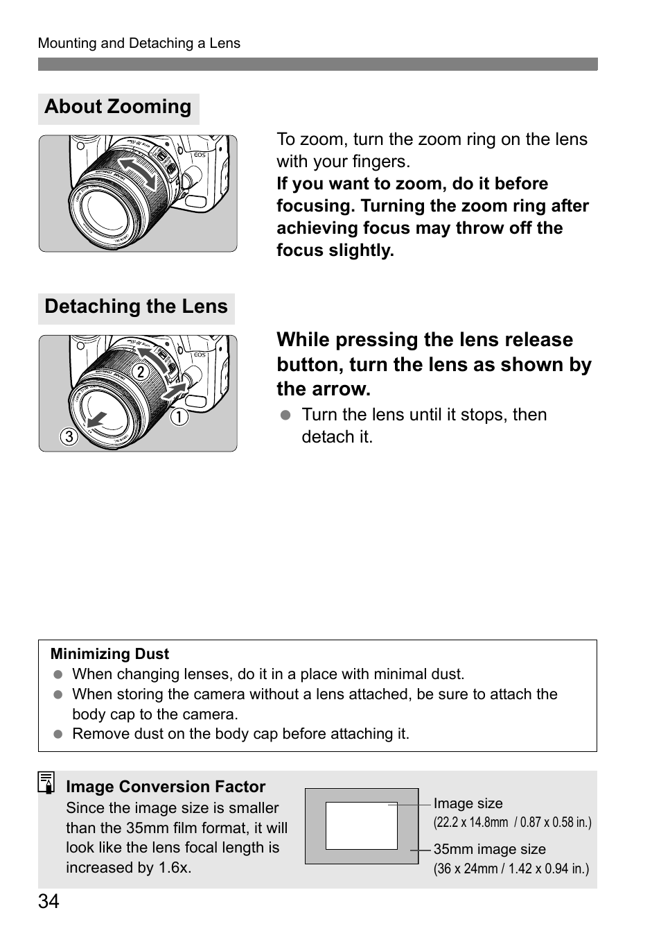 About zooming detaching the lens | Canon EOS 450D User Manual | Page 34 / 196