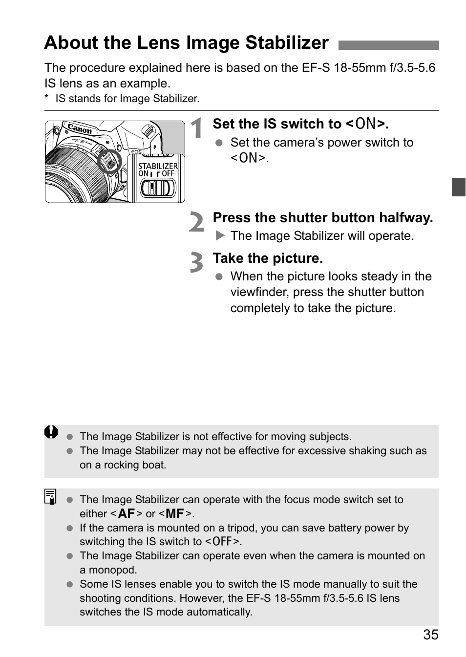 About the lens image stabilizer | Canon EOS 450D User Manual | Page 35 / 196