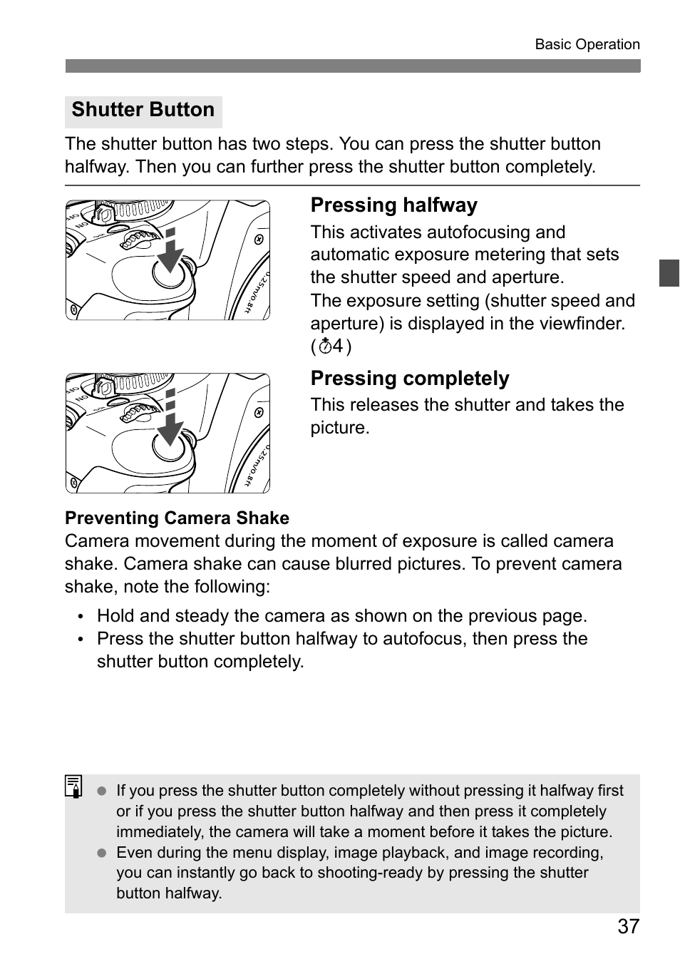 Pressing halfway, Pressing completely, Shutter button | Canon EOS 450D User Manual | Page 37 / 196