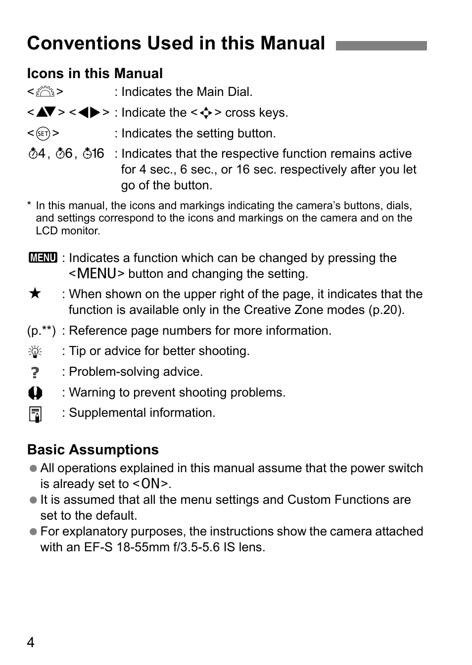 Conventions used in this manual | Canon EOS 450D User Manual | Page 4 / 196