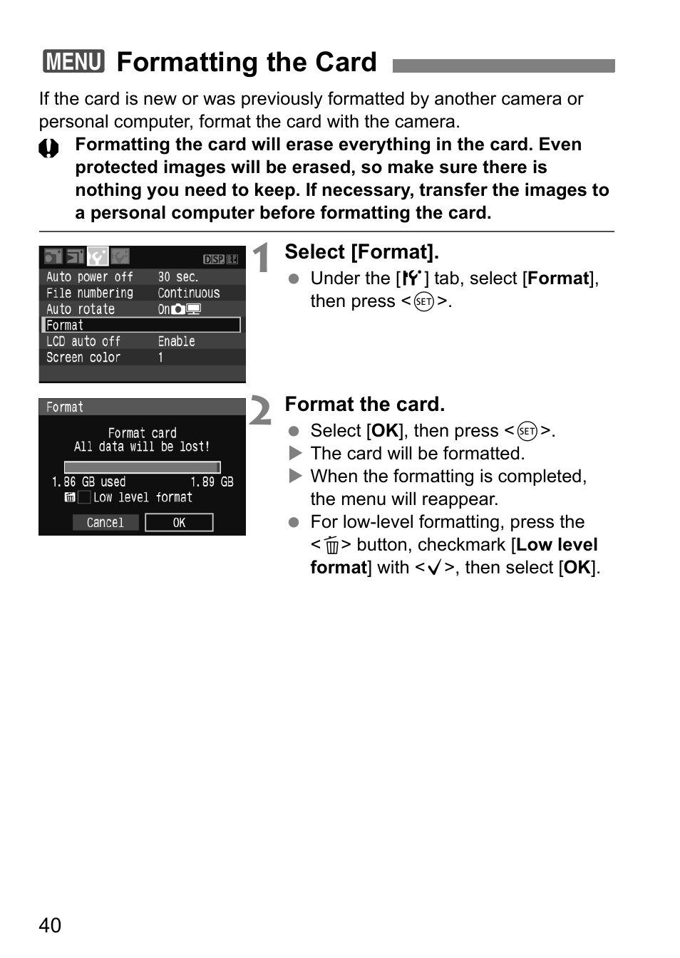 3formatting the card | Canon EOS 450D User Manual | Page 40 / 196
