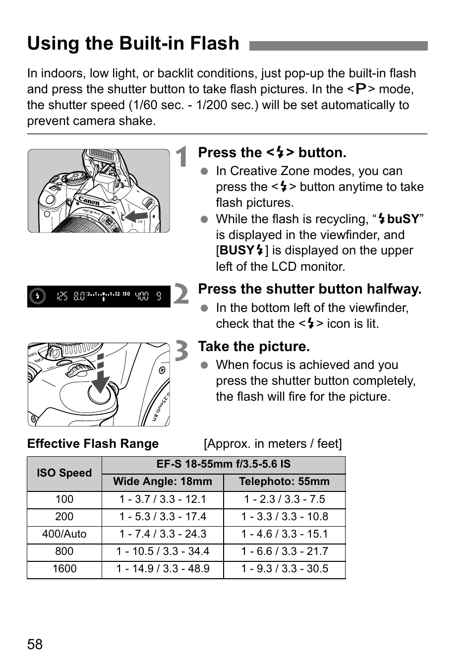 Using the built-in flash | Canon EOS 450D User Manual | Page 58 / 196