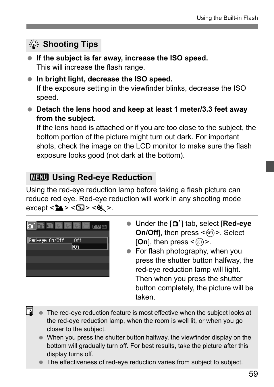 Shooting tips 3 using red-eye reduction | Canon EOS 450D User Manual | Page 59 / 196