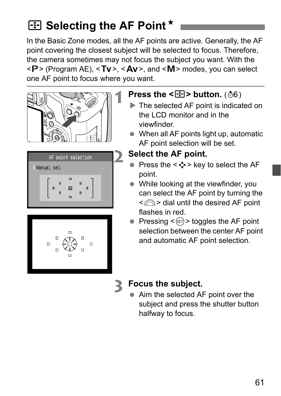 Sselecting the af point n | Canon EOS 450D User Manual | Page 61 / 196