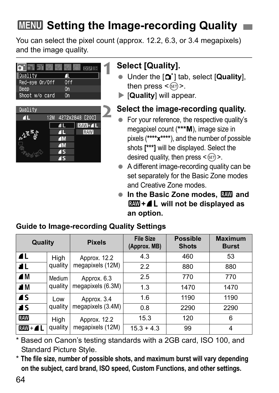3setting the image-recording quality, Select [quality, Select the image-recording quality | Canon EOS 450D User Manual | Page 64 / 196