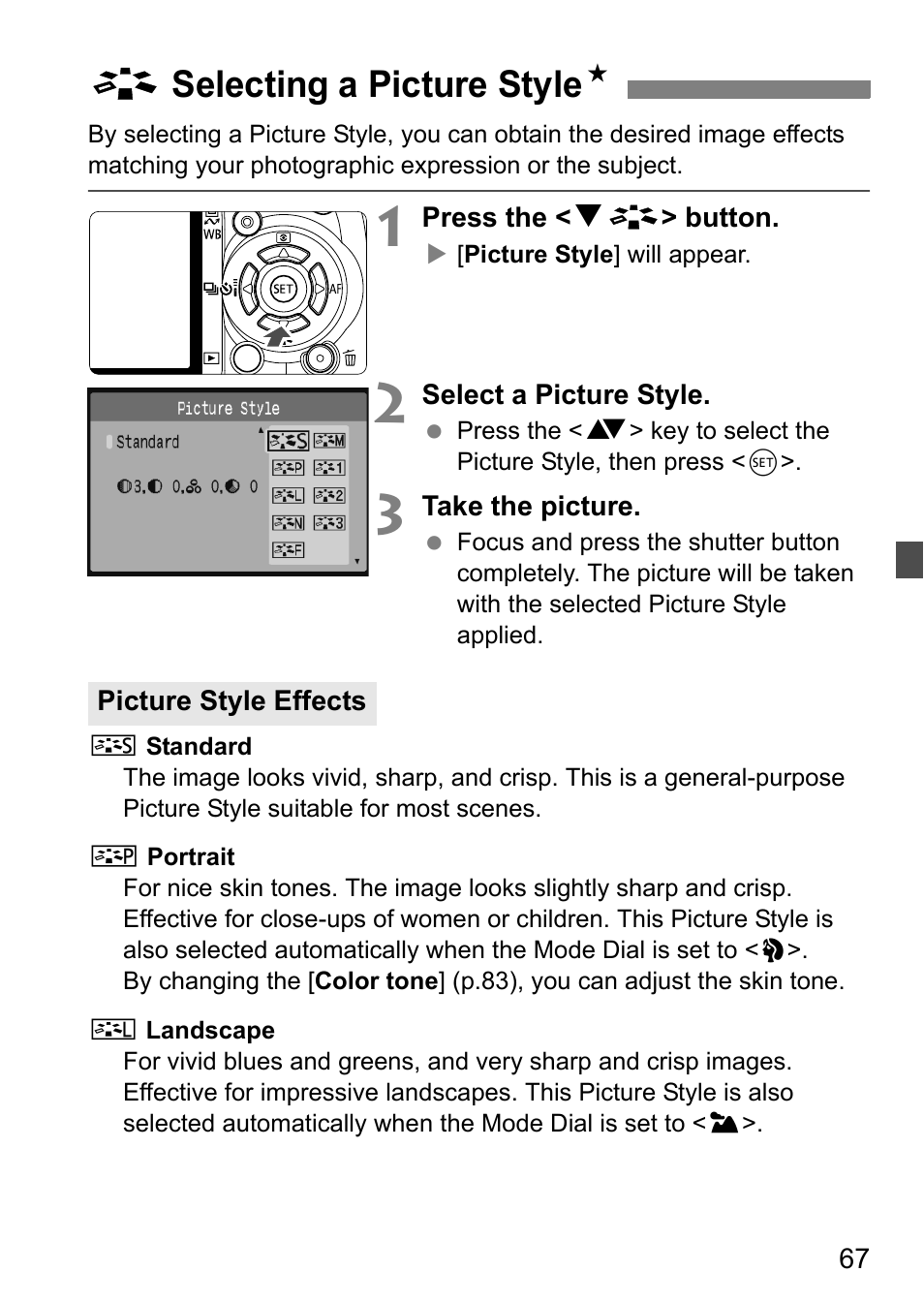 A selecting a picture style n | Canon EOS 450D User Manual | Page 67 / 196