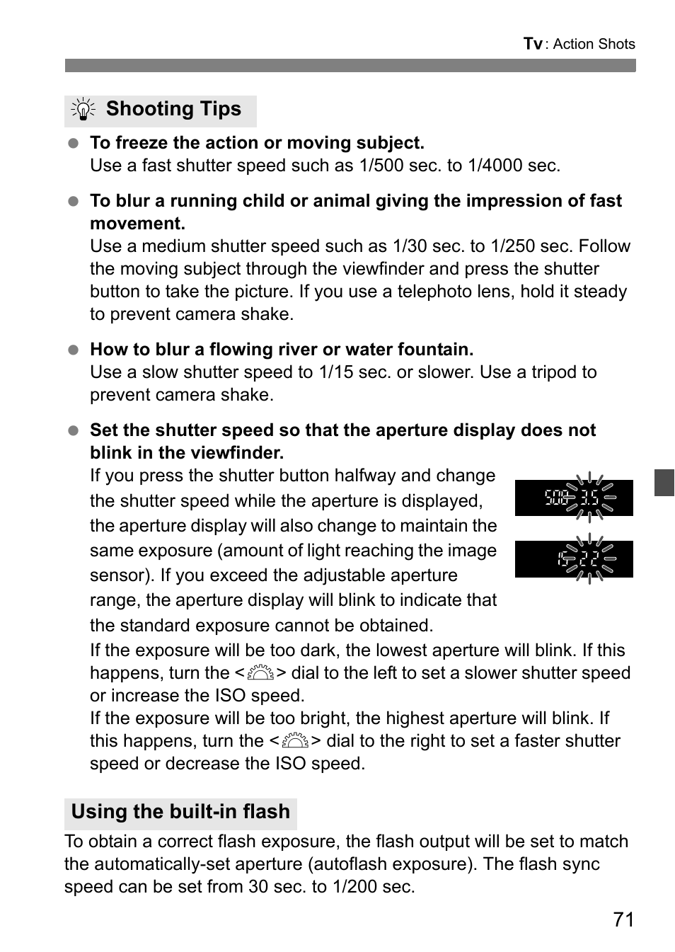 Shooting tips using the built-in flash | Canon EOS 450D User Manual | Page 71 / 196