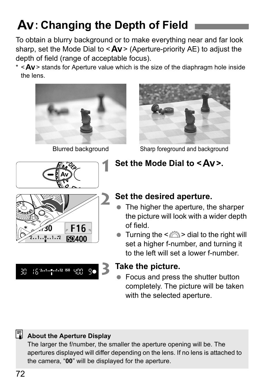 F: changing the depth of field | Canon EOS 450D User Manual | Page 72 / 196