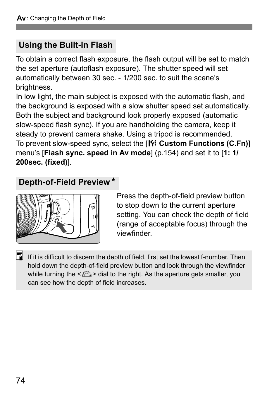 Using the built-in flash depth-of-field preview n | Canon EOS 450D User Manual | Page 74 / 196
