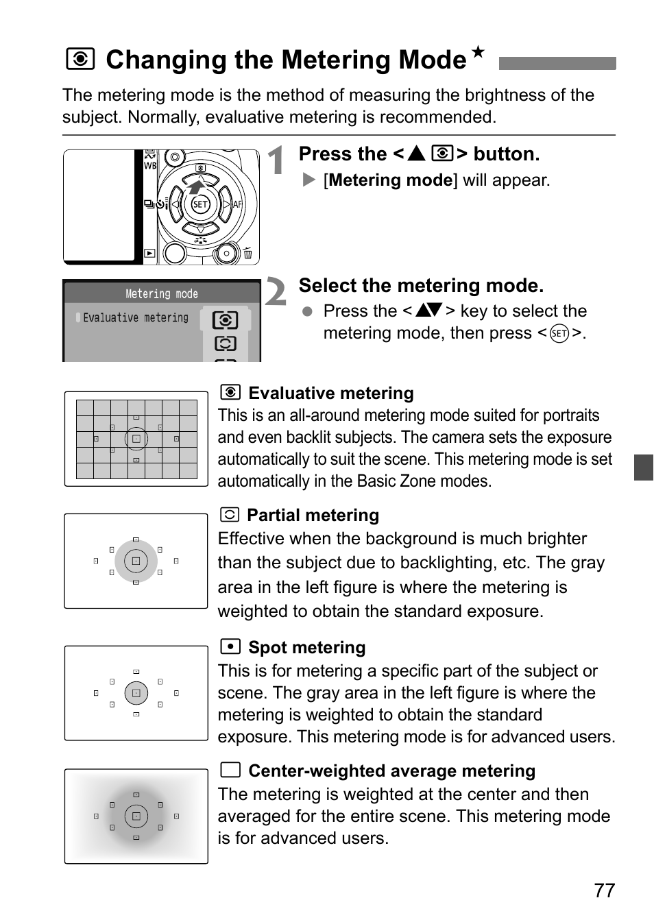 Qchanging the metering mode n | Canon EOS 450D User Manual | Page 77 / 196