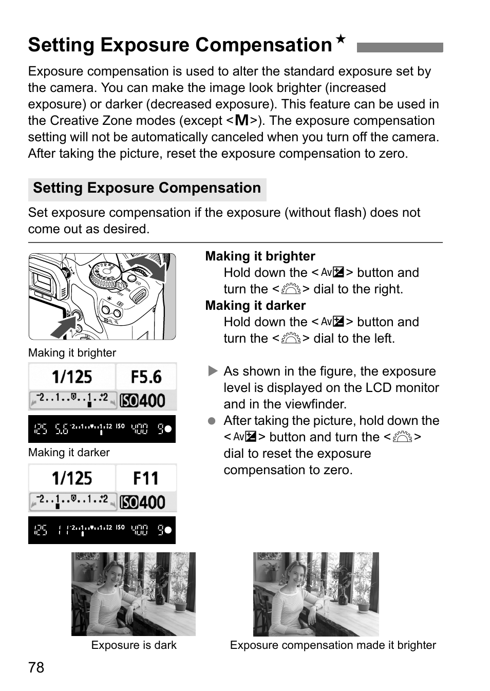 Setting exposure compensation n, Setting exposure compensation | Canon EOS 450D User Manual | Page 78 / 196