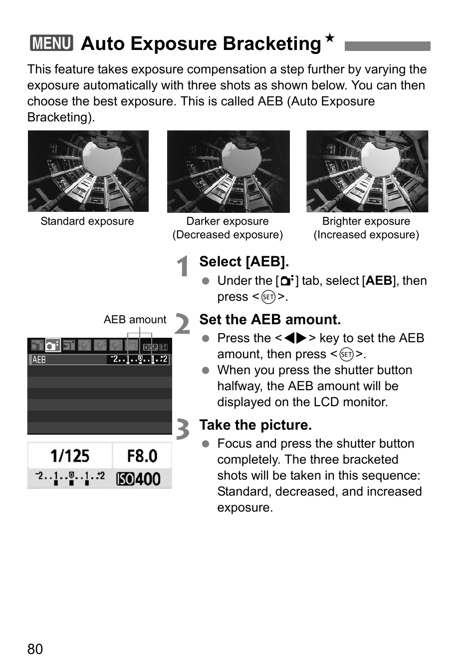 3auto exposure bracketing n | Canon EOS 450D User Manual | Page 80 / 196