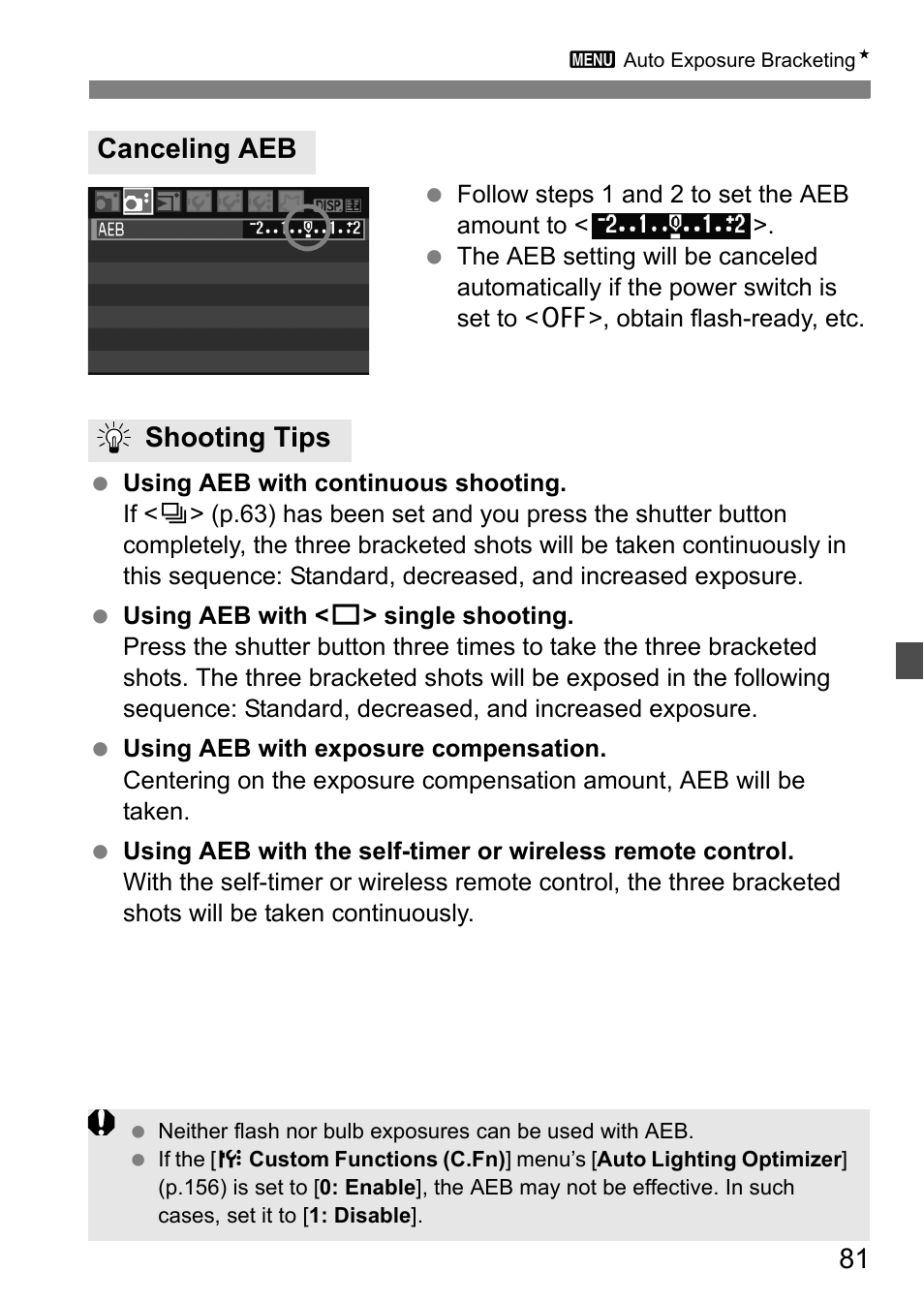 Canceling aeb shooting tips | Canon EOS 450D User Manual | Page 81 / 196