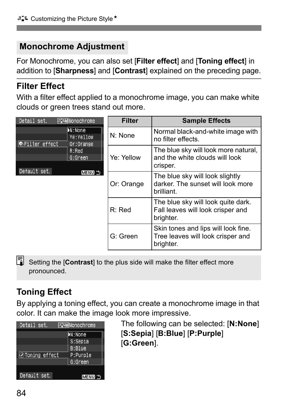 Filter effect, Toning effect, Monochrome adjustment | Canon EOS 450D User Manual | Page 84 / 196