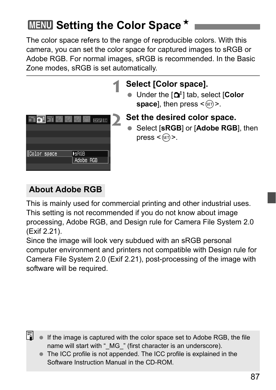 3setting the color space n | Canon EOS 450D User Manual | Page 87 / 196