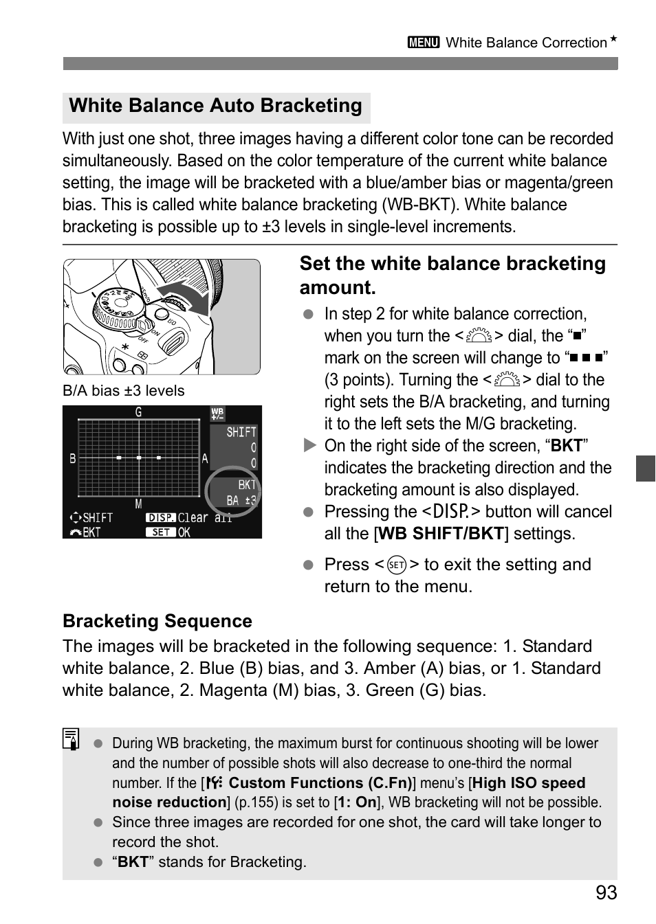 Set the white balance bracketing amount, White balance auto bracketing | Canon EOS 450D User Manual | Page 93 / 196