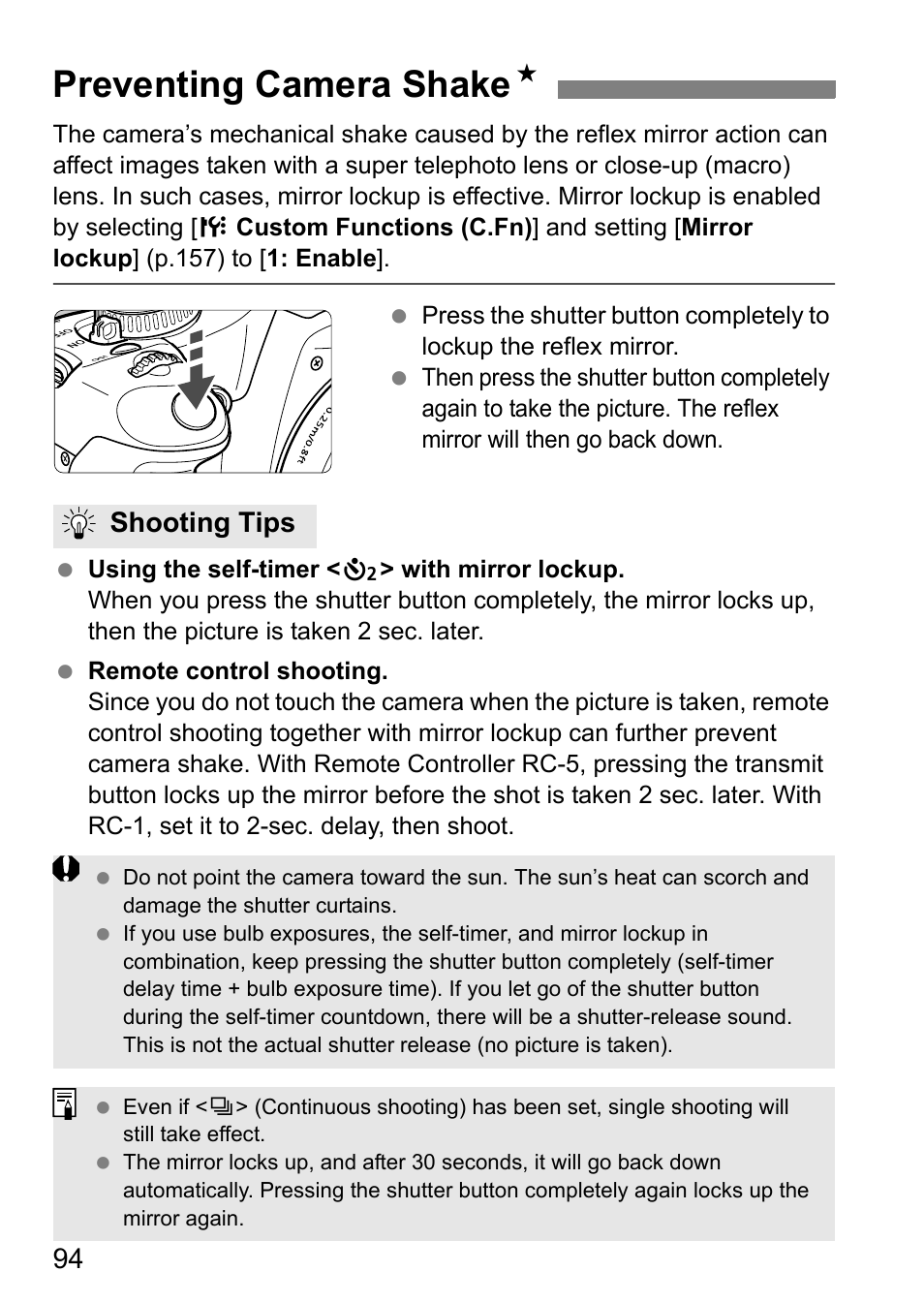 Preventing camera shake n, Shooting tips | Canon EOS 450D User Manual | Page 94 / 196