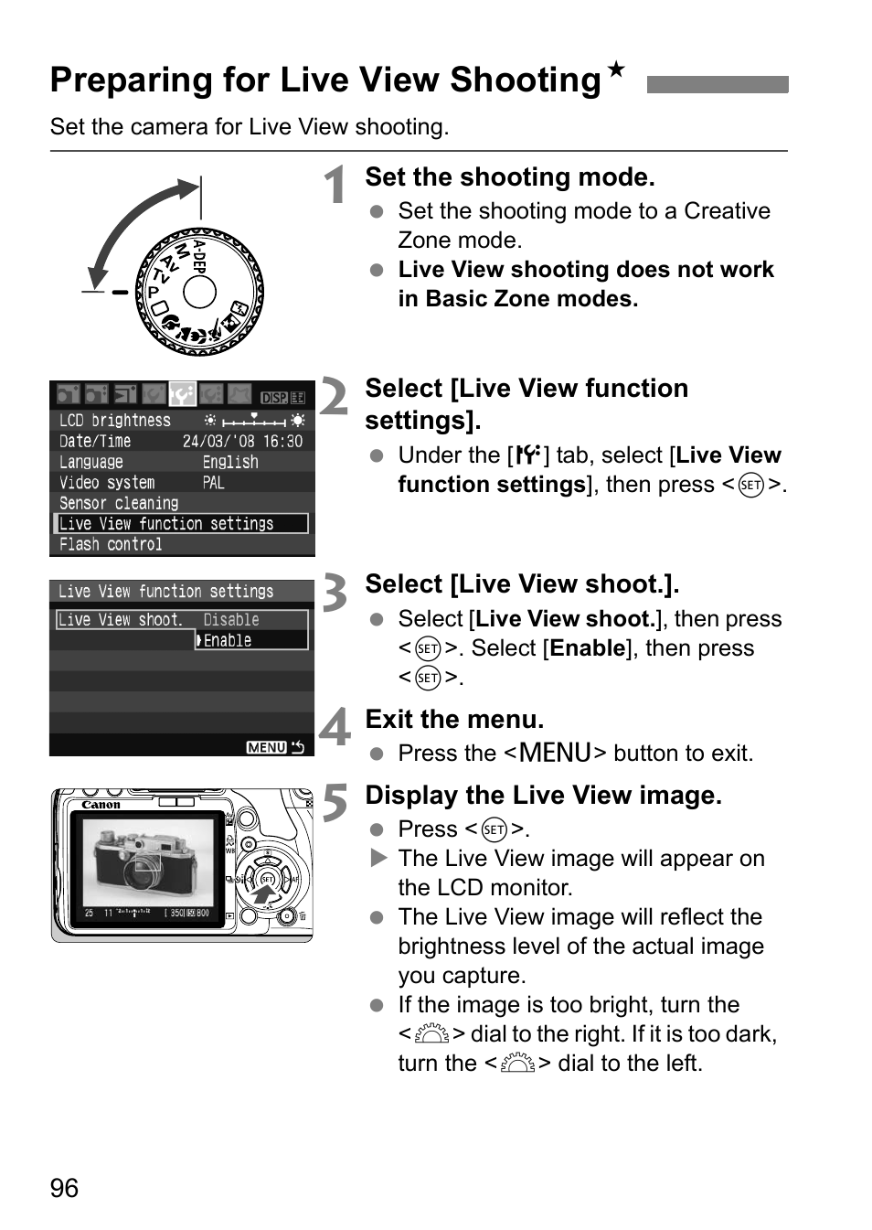 Preparing for live view shooting n | Canon EOS 450D User Manual | Page 96 / 196