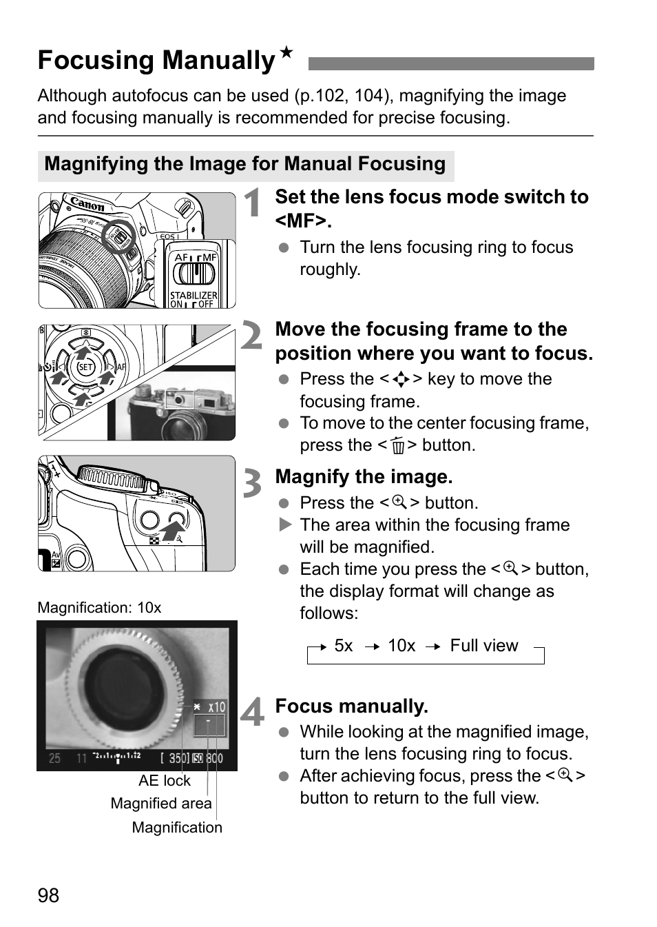 Focusing manually n | Canon EOS 450D User Manual | Page 98 / 196