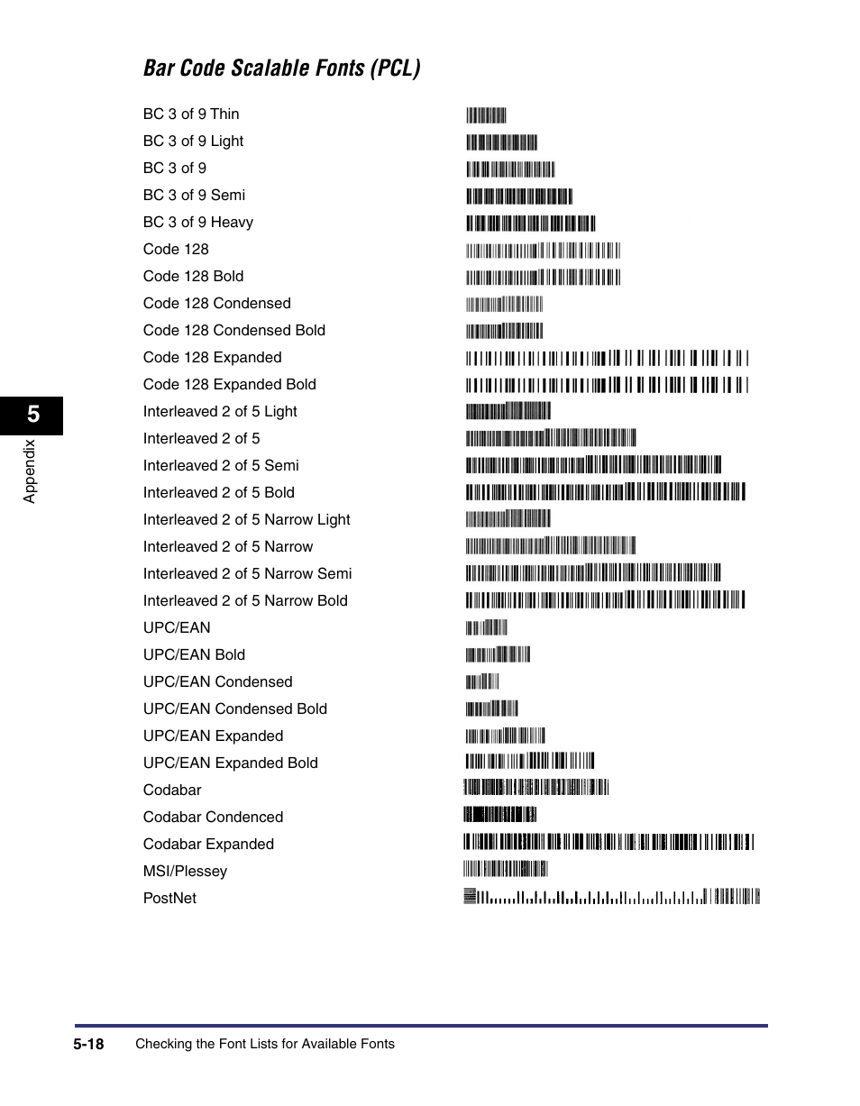 Bar code scalable fonts (pcl) | Canon imageRUNNER C3100 N User Manual | Page 112 / 158