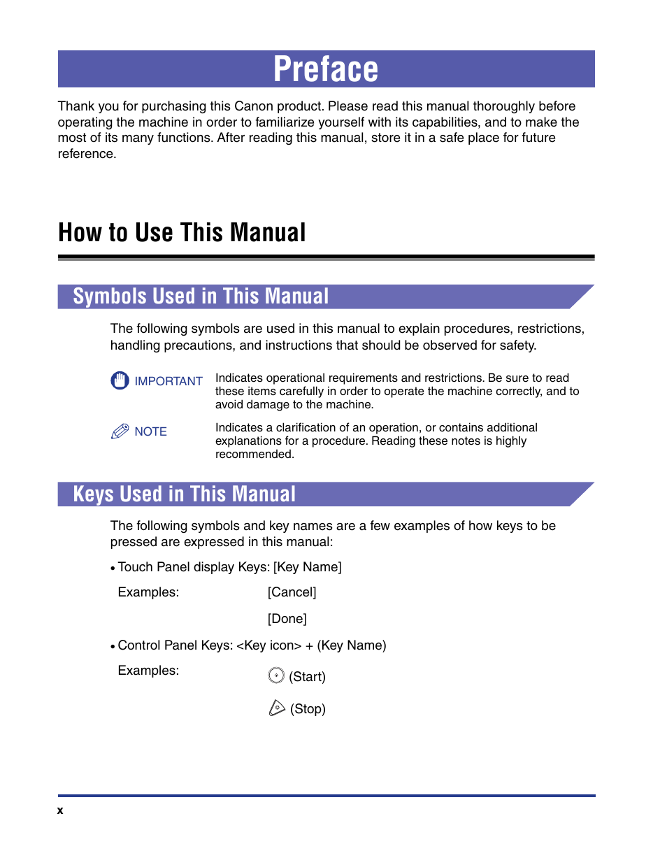 Preface, How to use this manual, Symbols used in this manual | Keys used in this manual | Canon imageRUNNER C3100 N User Manual | Page 12 / 158