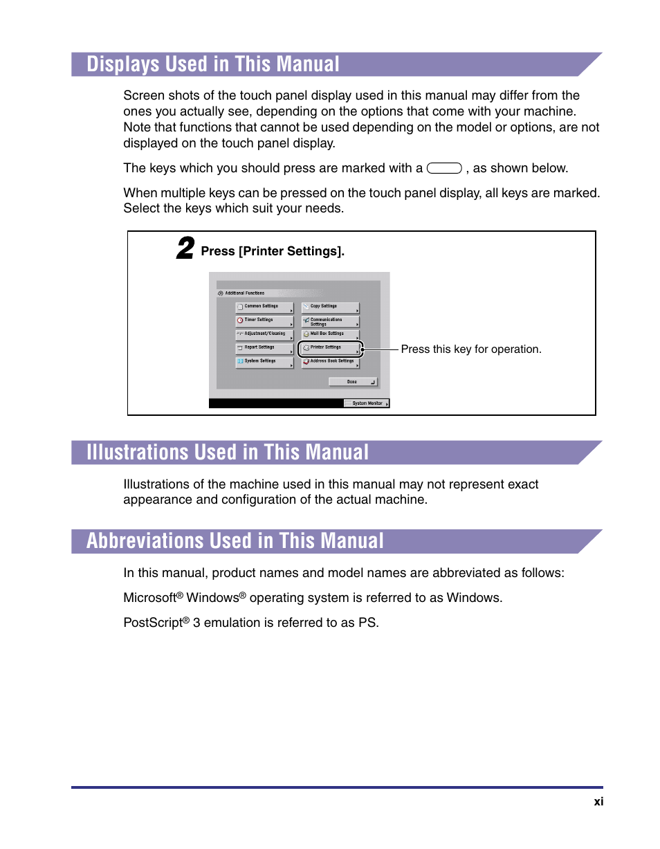 Displays used in this manual, Illustrations used in this manual, Abbreviations used in this manual | Canon imageRUNNER C3100 N User Manual | Page 13 / 158