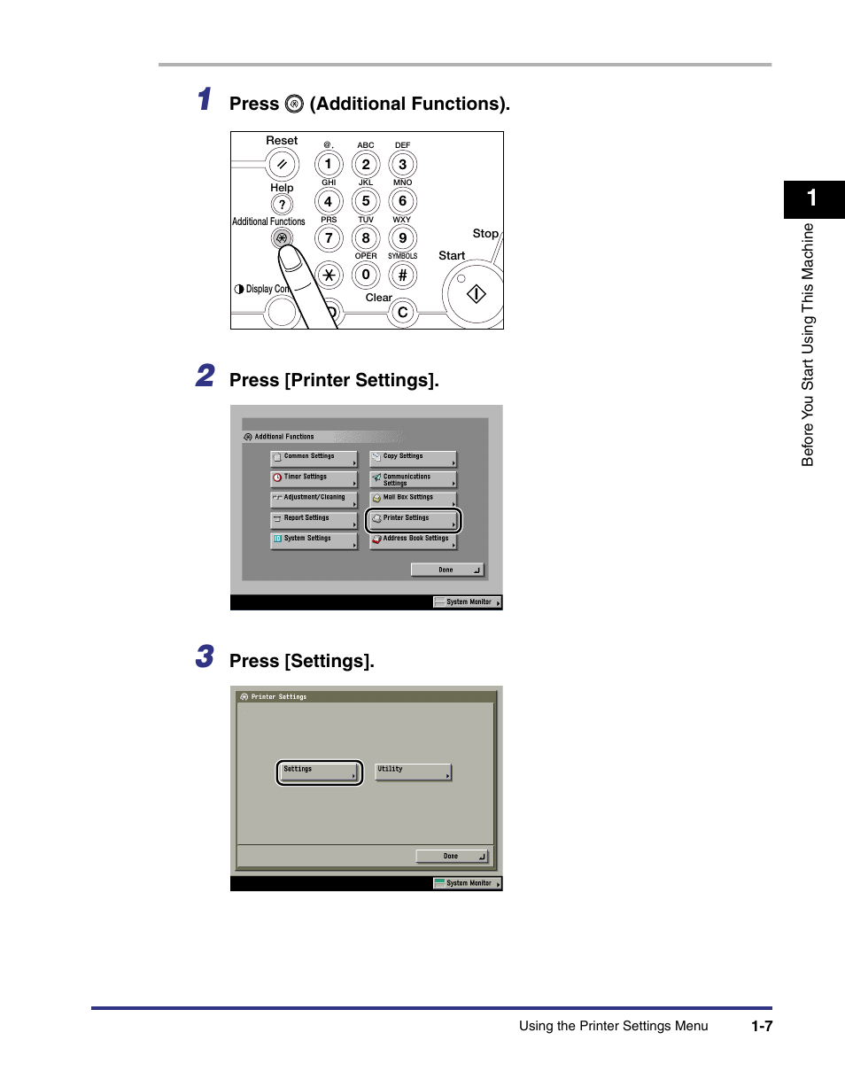 Press (additional functions), Press [printer settings, Press [settings | Canon imageRUNNER C3100 N User Manual | Page 23 / 158