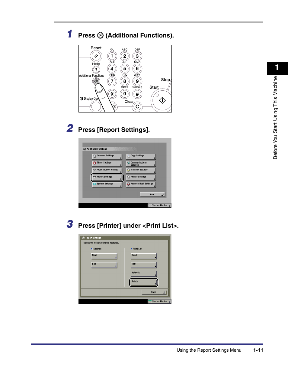 Press (additional functions), Press [report settings, Press [printer] under <print list | Canon imageRUNNER C3100 N User Manual | Page 27 / 158