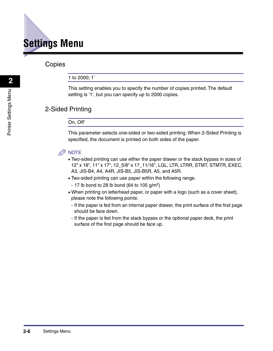 Settings menu, Copies, Sided printing | Settings menu -6, Copies -6, Sided printing -6 | Canon imageRUNNER C3100 N User Manual | Page 36 / 158