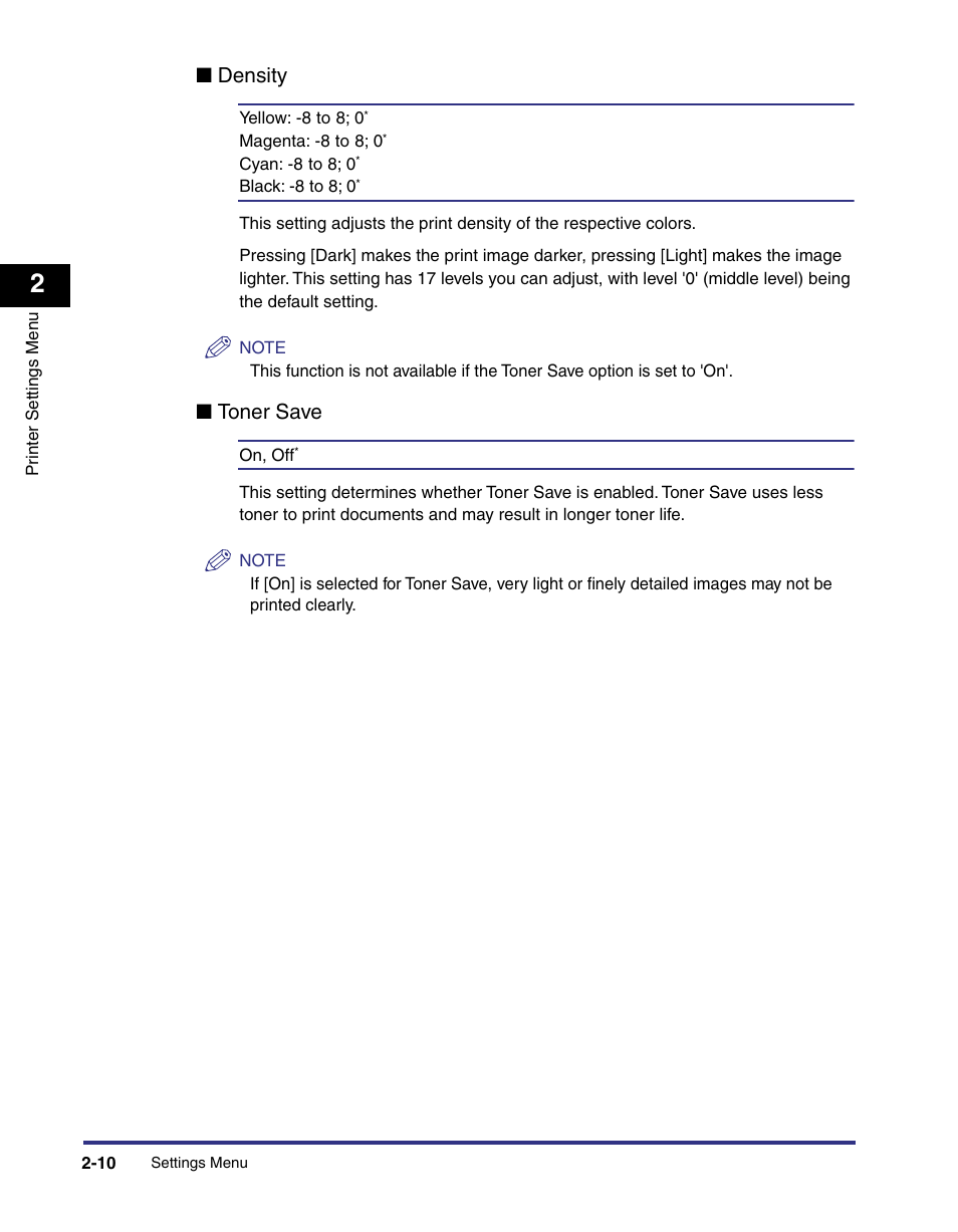 Density, Toner save | Canon imageRUNNER C3100 N User Manual | Page 40 / 158
