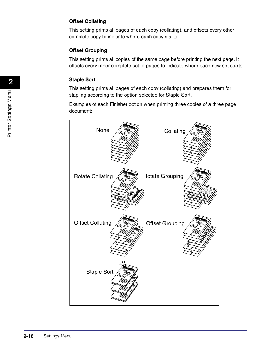 None, Staple sort, Rotate grouping | Offset collating, Offset grouping rotate collating, Collating, Settings menu | Canon imageRUNNER C3100 N User Manual | Page 48 / 158