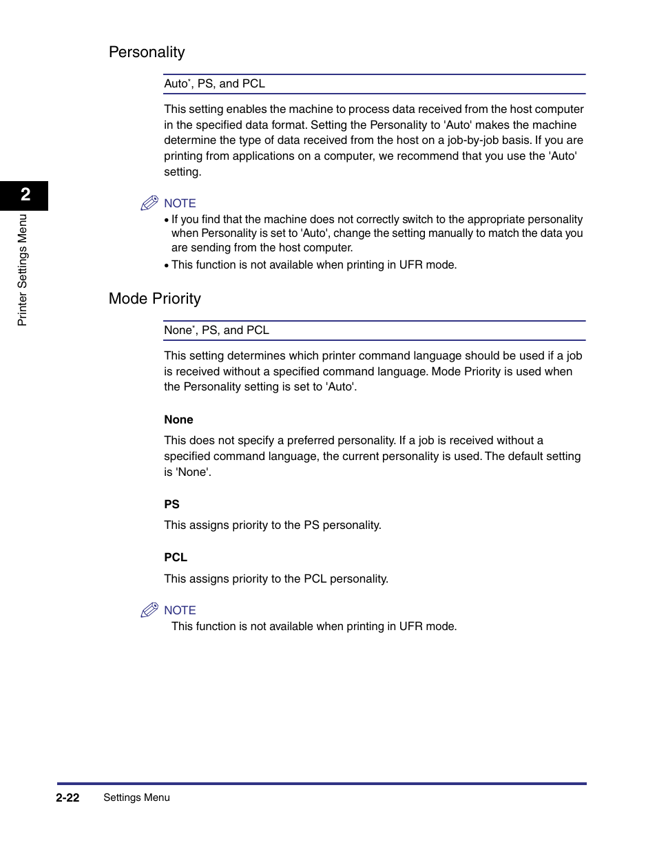 Personality, Mode priority, Personality -22 | Mode priority -22 | Canon imageRUNNER C3100 N User Manual | Page 52 / 158